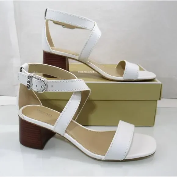 Michael Kors Ashton Mid Crisscross Stacked Block Sandal Leather White Size 9.5 - Picture 3 of 6